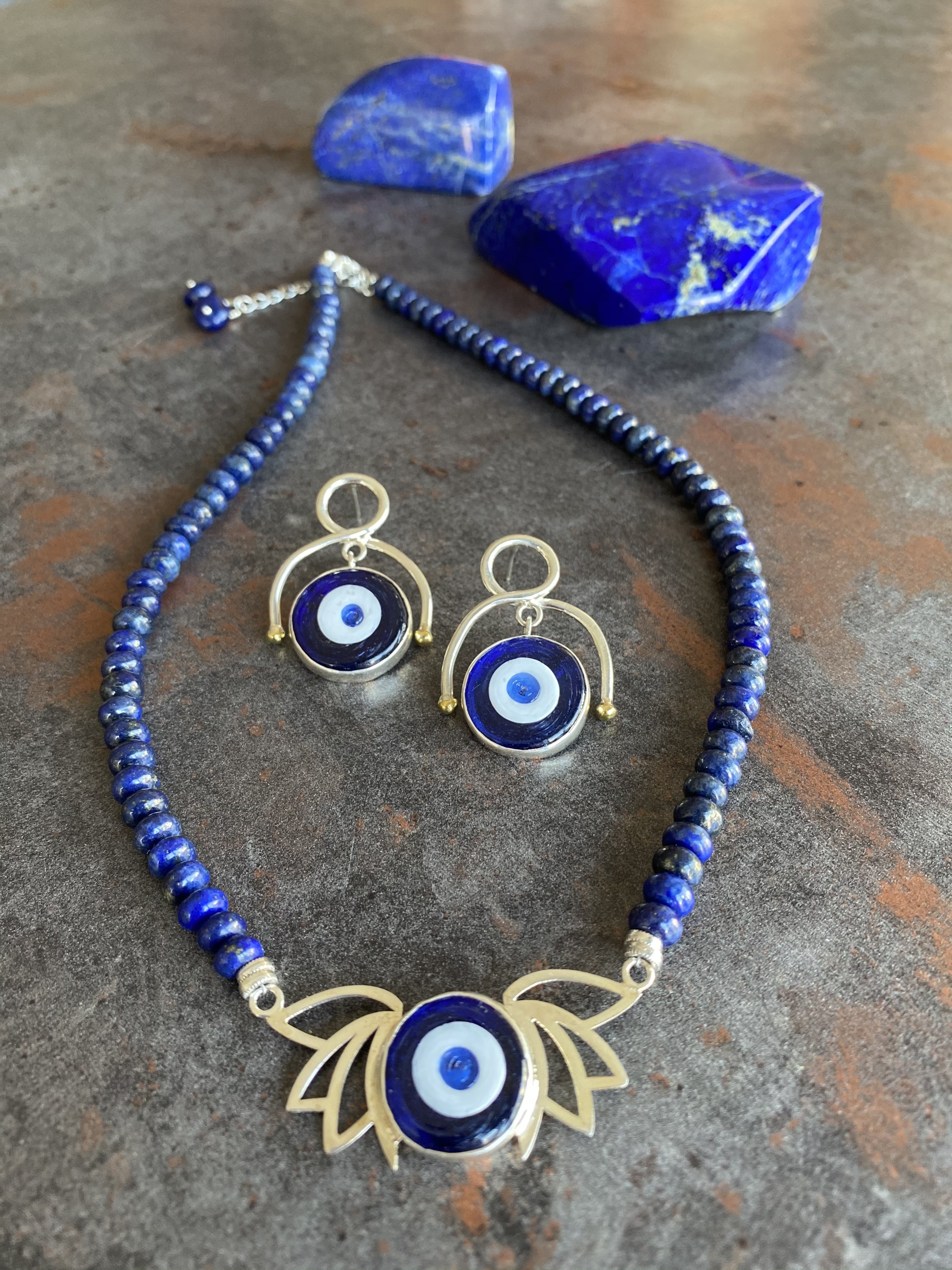 Doğaltaş Gümüş Özel Tasarım Lotus Çiçeği Nazarlı Lapislazuli Taşlı Set