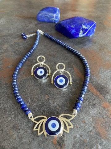 Doğaltaş Gümüş Özel Tasarım Lotus Çiçeği Nazarlı Lapislazuli Taşlı Set