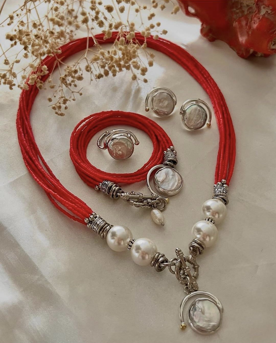 Doğaltaş Gümüş Kök Mercan İnci Set