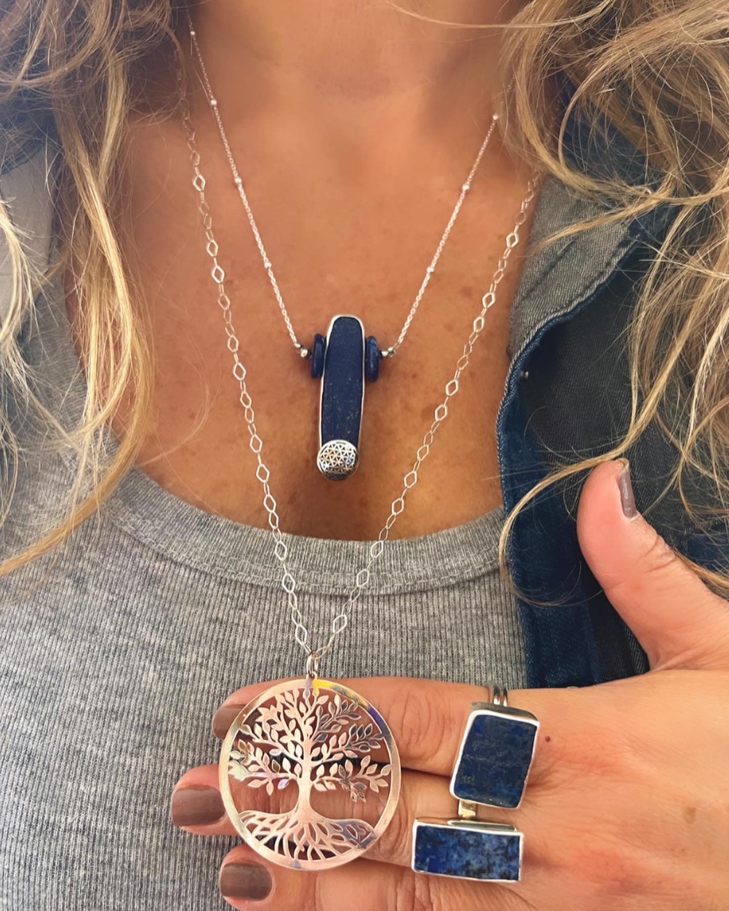 Doğaltaş Gümüş Özel Tasarım El İşi Lapislazuli Yaşam Çiçeği Hayat Ağacı Set