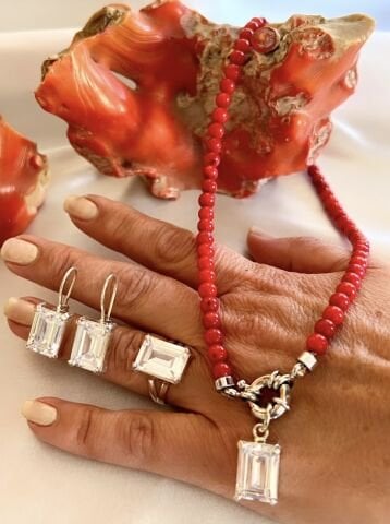 925 Ayar Gümüş Baget Kesim Kristal Kuvars Mercan Kolye