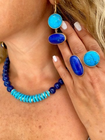 925 Ayar Gümüş Gold Kaplama Lapis Lazuli Taşlı Turkuaz Küpe