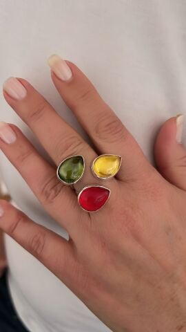925 Ayar Gümüş Peridot Sitrin Lal Taşlı Yüzük