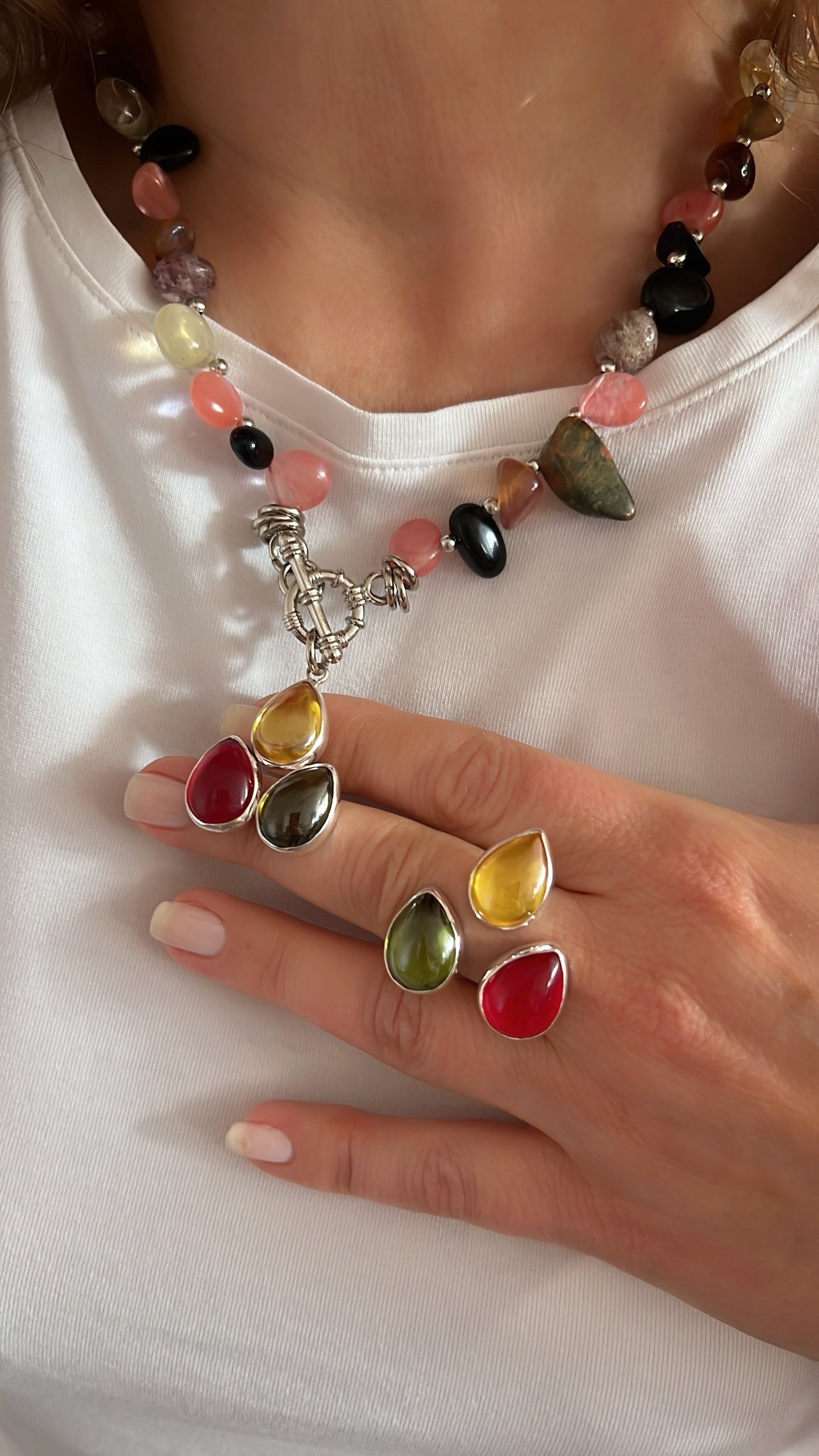 Doğaltaş Gümüş Lal Peridot Sitrin Turmalin Taşlı Set