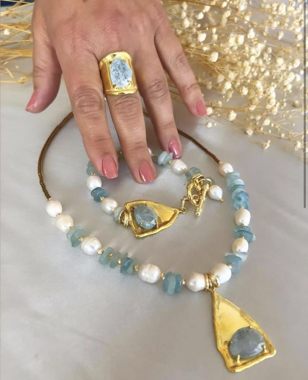 Doğaltaş Gümüş GoldÖzel Tasarım Akuamarin Taşlı Set