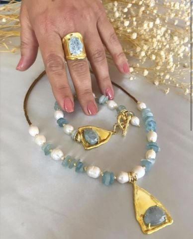 Doğaltaş Gümüş GoldÖzel Tasarım Akuamarin Taşlı Set