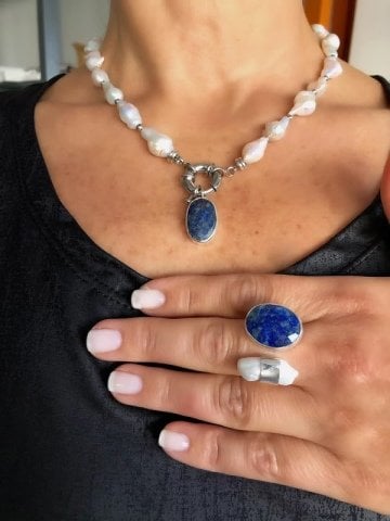 Doğaltaş Gümüş Lapislazuli Barok İncili Set