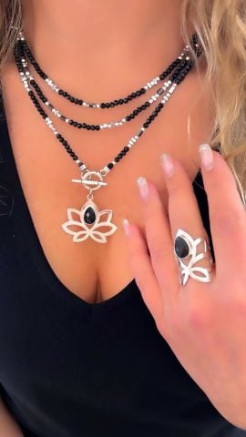 925 Ayar Gümüş Lotus Çiçeği Onix Taşlı Set