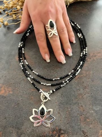 925 Ayar Gümüş Lotus Çiçeği Onix Taşlı Set