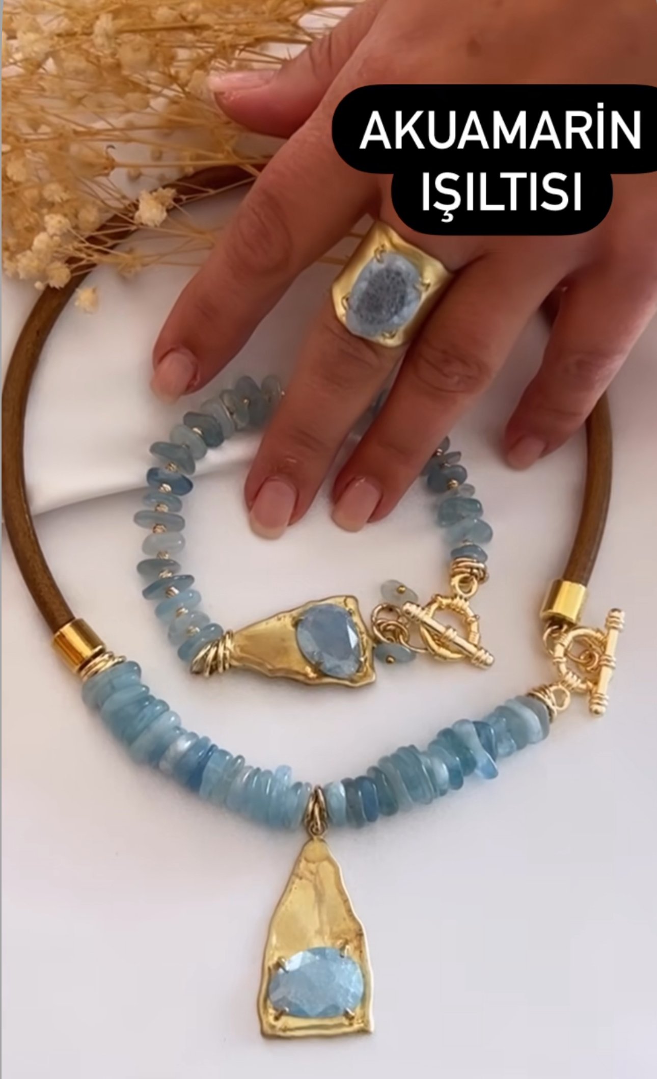 Doğaltaş Gümüş Gold Akuamarin Özel Tasarım Set