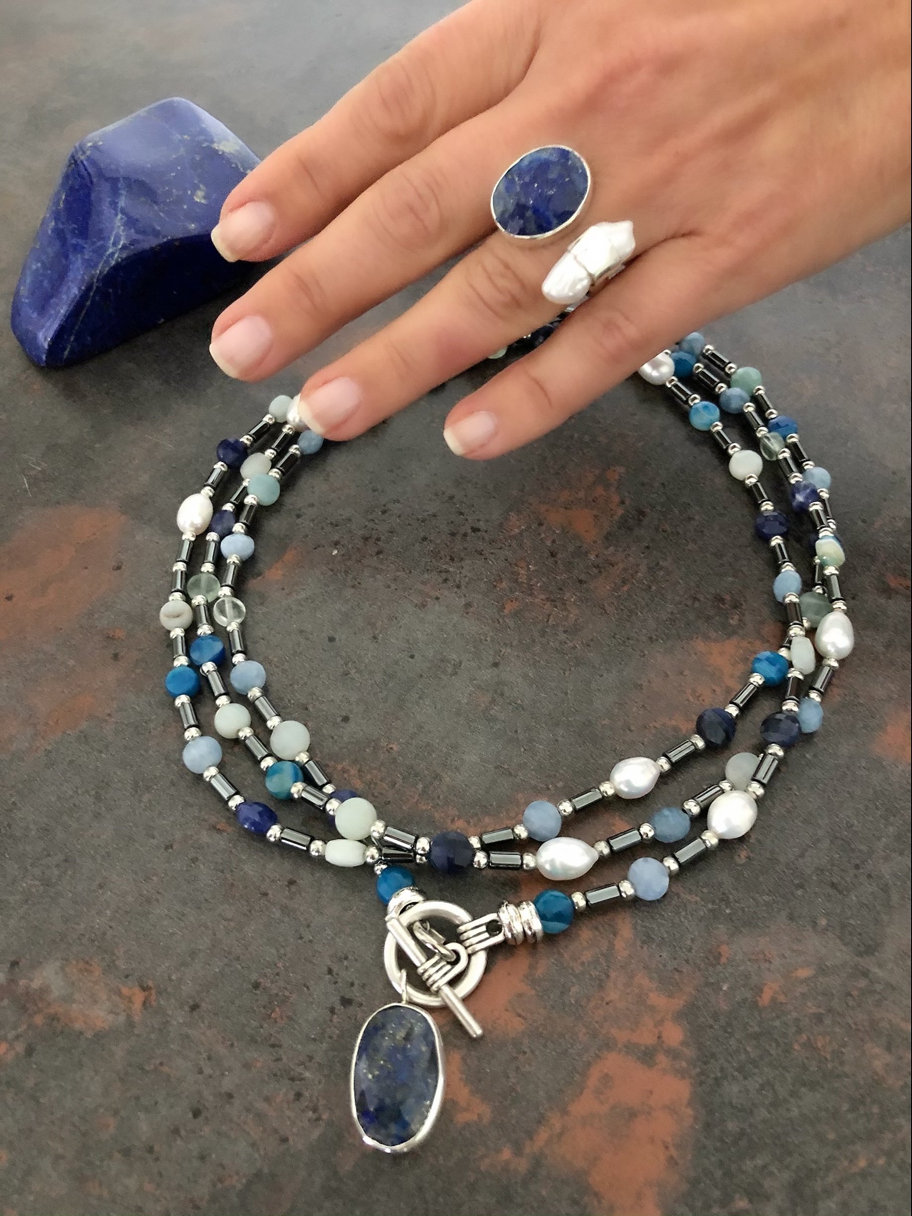 925 Ayar Gümüş Lapislazuli İncili İkili Yüzük