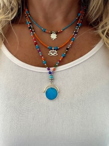 Doğaltaş Gümüş Yonca Lotus Çiçeği Mavi Kuvars Gerçek Taş Kolye Kombin